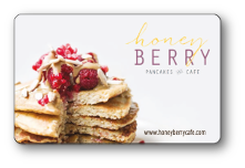 honeyberry cafe logo, four stacked pancakes with barries on top over a white background